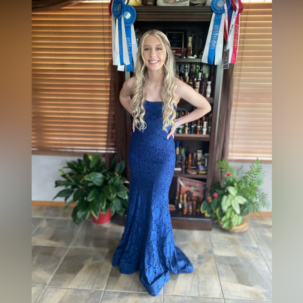 Sherri Hill Size 00 blue Lace glitter material Spaghetti straps/crisscross back.